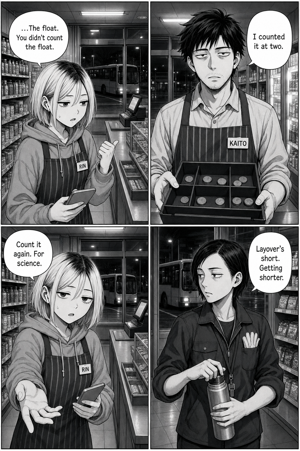 Rin's excuses run thin — she claims the float needs counting; Kaito says he counted it; Yuki warns her layover is shrinking.