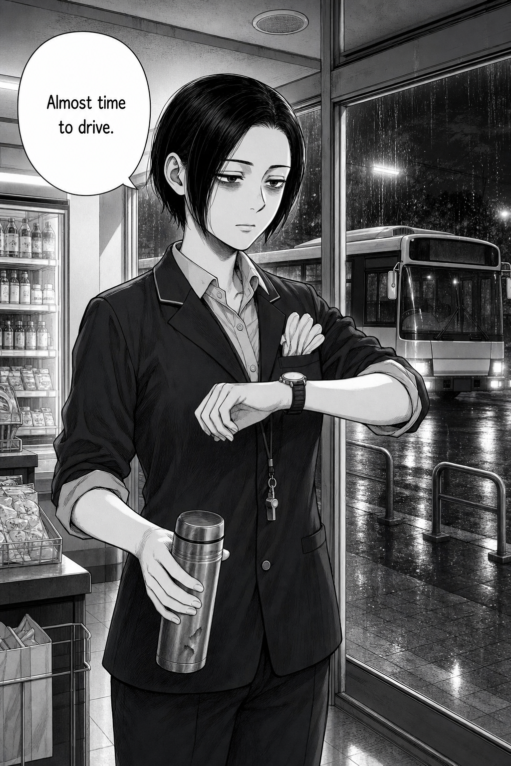 A quiet single panel: Yuki checks her plain wristwatch by the door as the empty bus glows outside; almost time to drive.