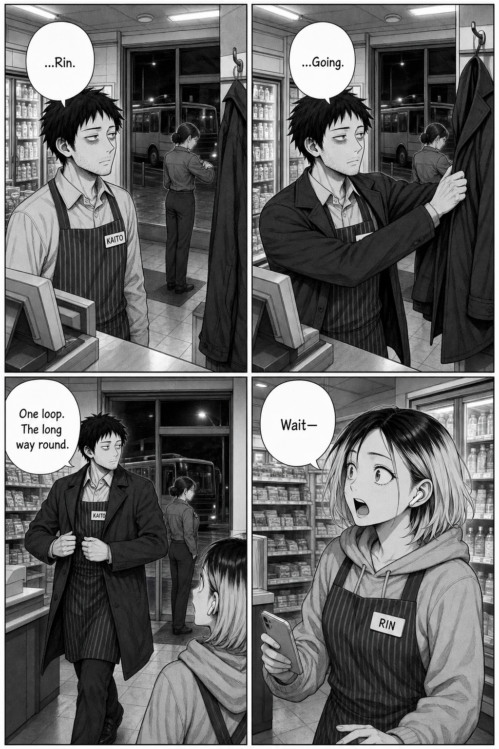 The beat inverts: Kaito reaches for the coat and this time takes it, calm, pulling it on and stepping toward the door; Rin startles.