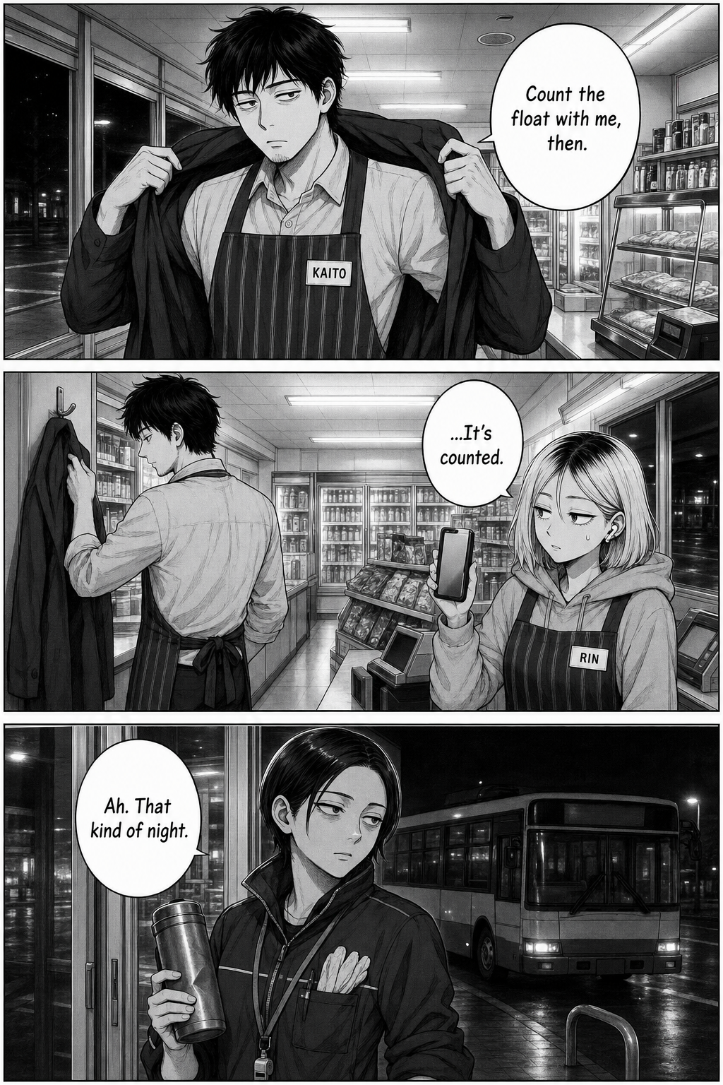 Kaito shrugs the coat back off and hangs it up, choosing to stay; Yuki reads the whole thing in a glance.