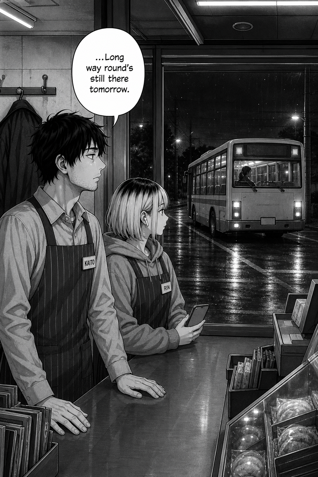 A quiet panel: the empty bus pulls away from the kerb into the wet dark, Yuki at the wheel, while Kaito and Rin watch from inside.