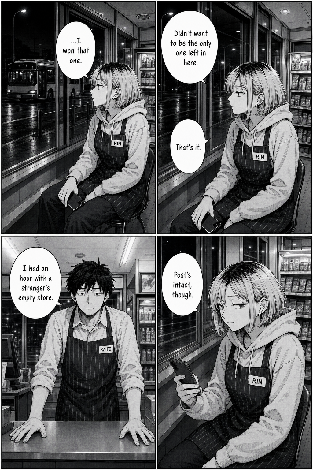 Aftermath: Rin admits she won and didn't want to be the only one left in here; Kaito notes he got an hour with an empty store.