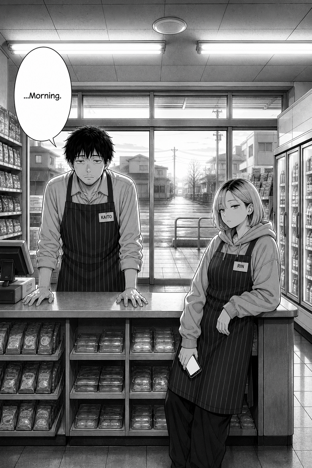 Final mirror shot: the same angle as page one, now in pale dawn light, the kerb outside bare where the bus had stood; Kaito behind the counter, Rin's phone down.