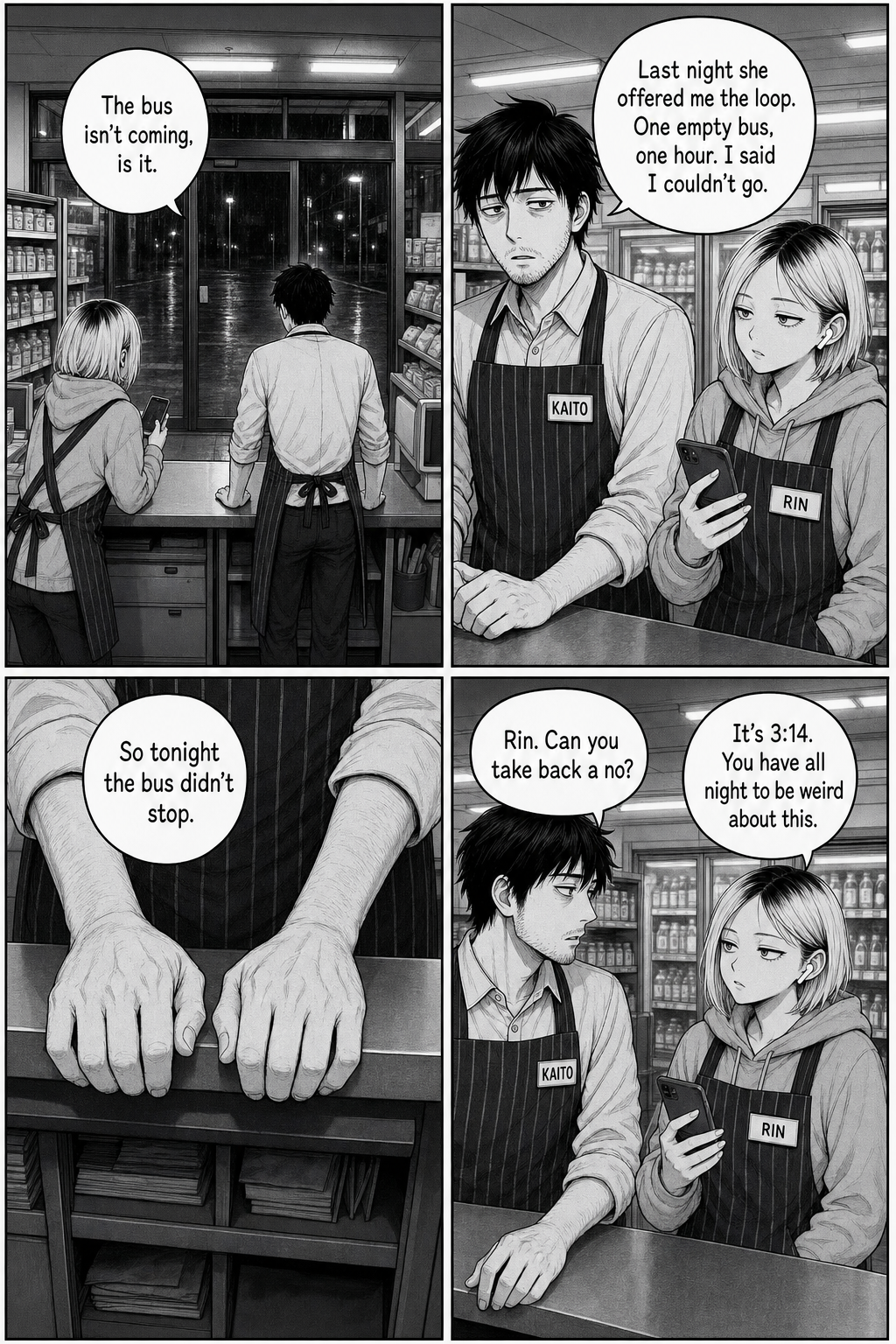 Four panels: Kaito tells Rin he turned down the empty-bus ride last night, so tonight the bus didn't stop, then asks whether you can take back a no.