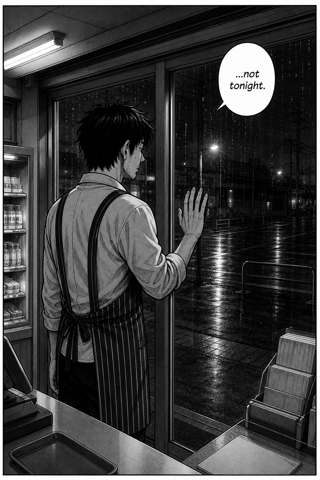 Kaito stands at the front glass, one hand on the wet window, looking out at the empty rain-slick kerb.