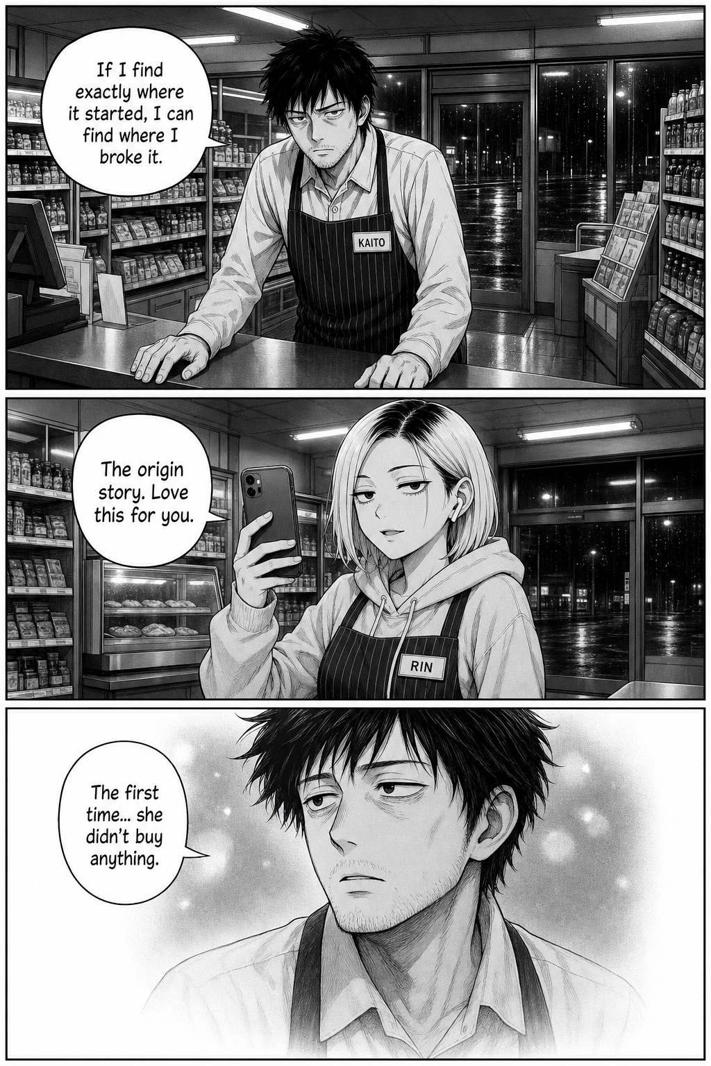 Three panels: Kaito resolves to find where it all started, Rin films him, and he drifts into memory, saying the first time she didn't buy anything.