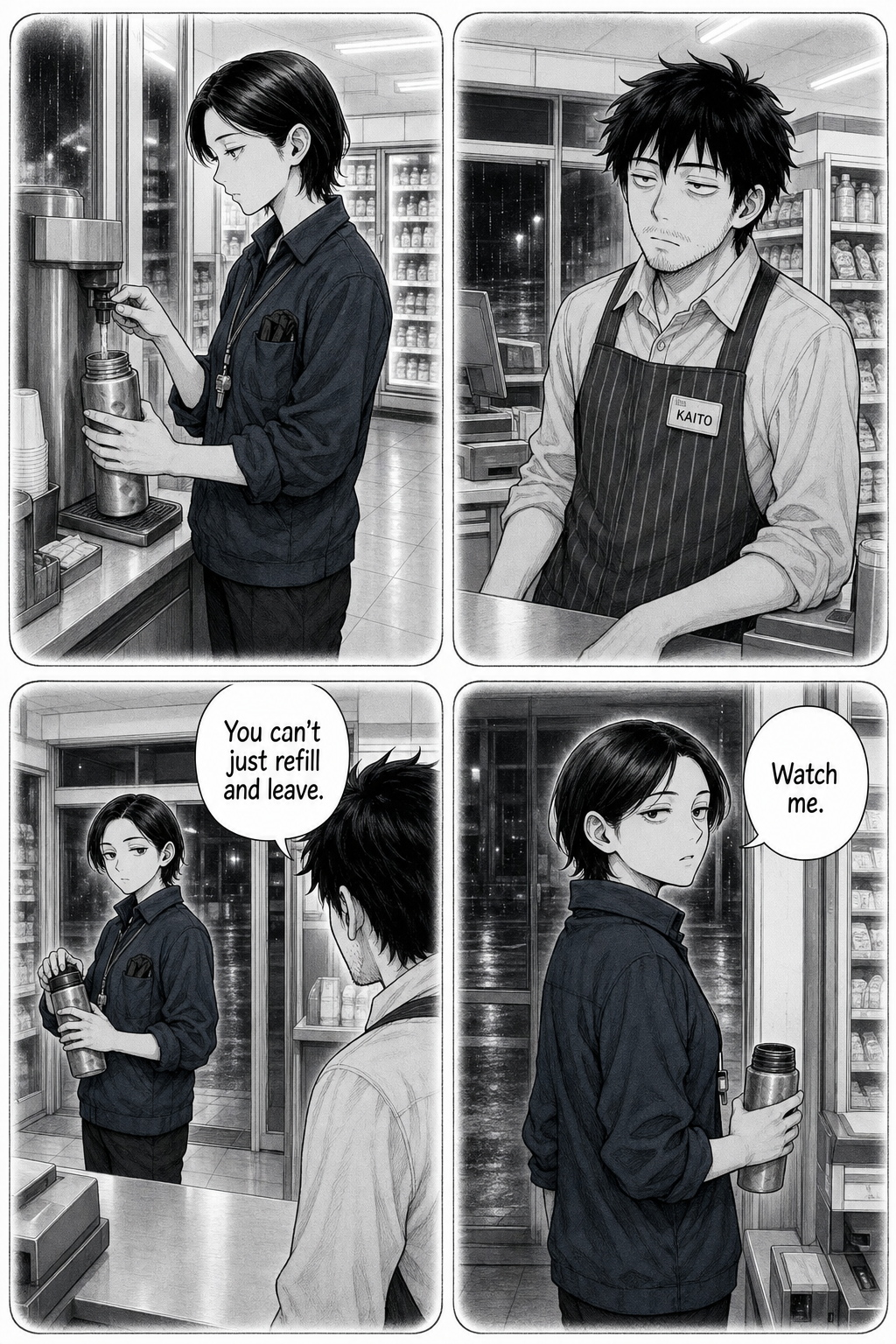 A flashback in soft-edged panels: a woman in a dark transit uniform refills a dented steel thermos from the store's free hot water and leaves without buying anything, telling Kaito to watch her.