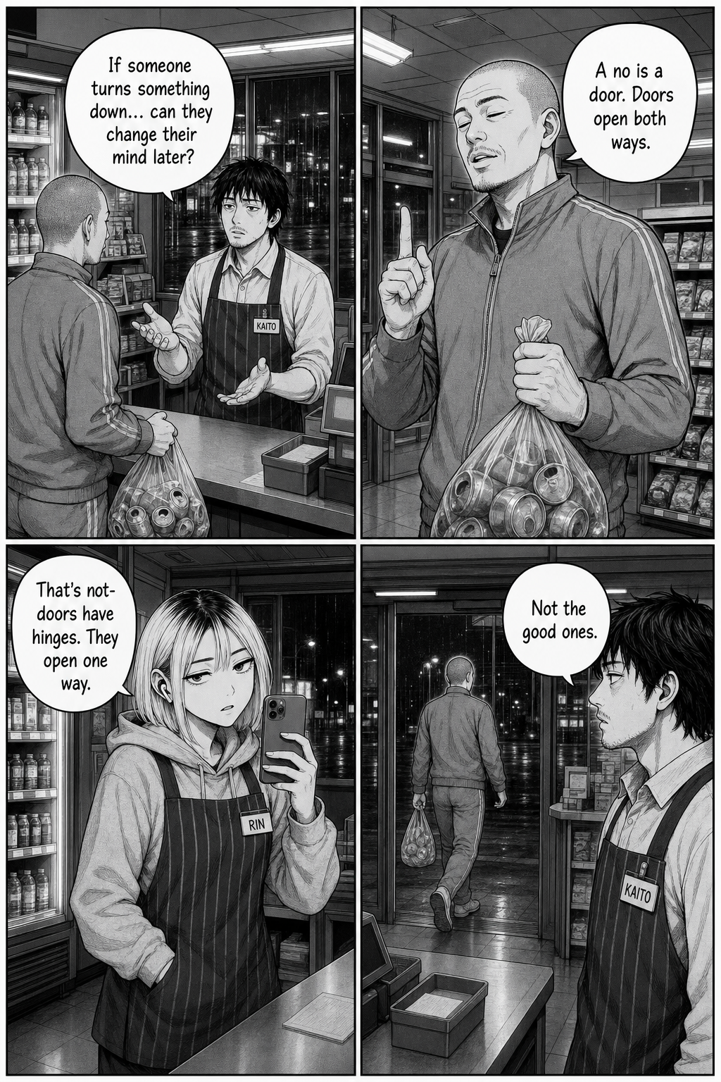 Four panels: Kaito asks the tall shaven-headed regular in a grey tracksuit whether a refusal can be reversed; the man says a no is a door that opens both ways; Rin disputes it.
