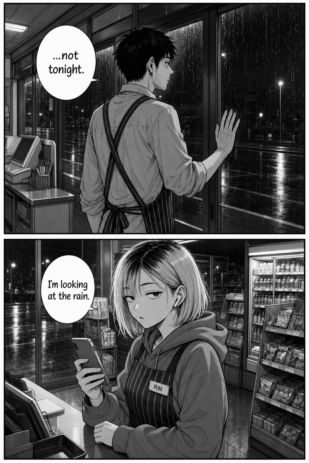 Two panels: Kaito again at the window saying 'not tonight'; Rin at the counter is caught glancing at the window too and claims she's just looking at the rain.