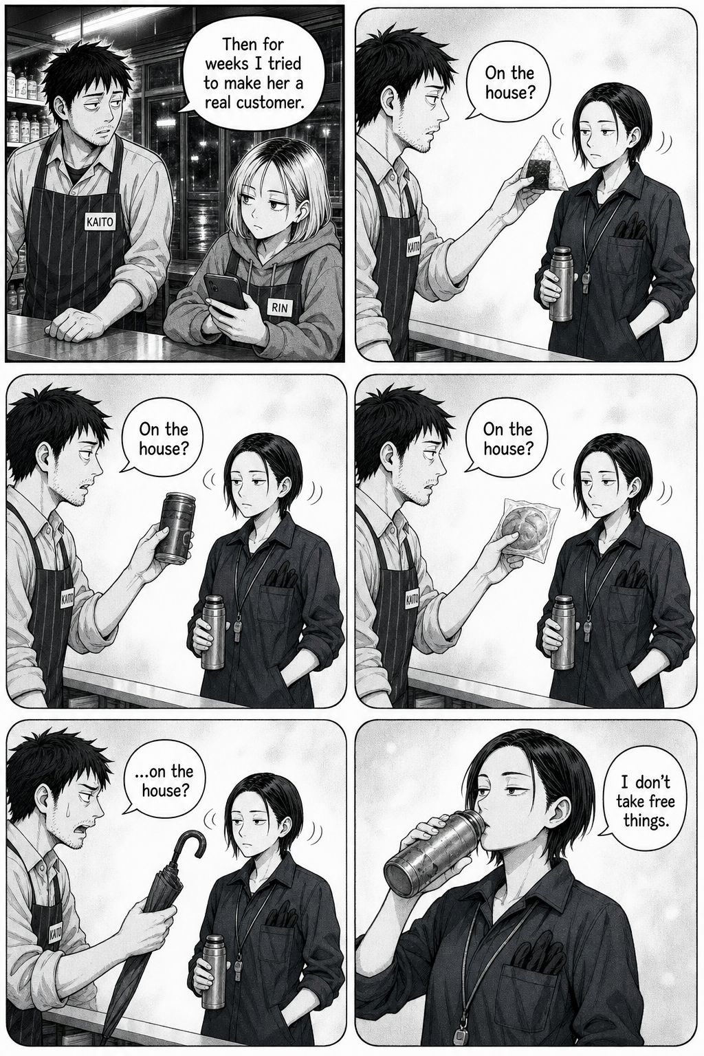Six panels: in flashback Kaito offers Yuki a rice ball, a can of coffee, a bun, then an umbrella, each time asking 'On the house?' and each time she shakes her head, finally saying she doesn't take free things.