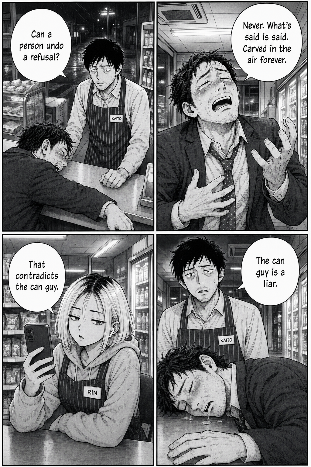 Four panels: a drunk salaryman insists a refusal can never be undone — what's said is carved in the air forever; Rin notes it contradicts the can guy; the salaryman calls him a liar and passes out.