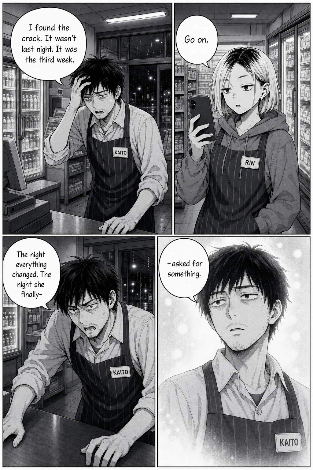 Four panels: Kaito announces he's found the crack — the third week, the night she finally asked for something — as the last panel softens into memory.