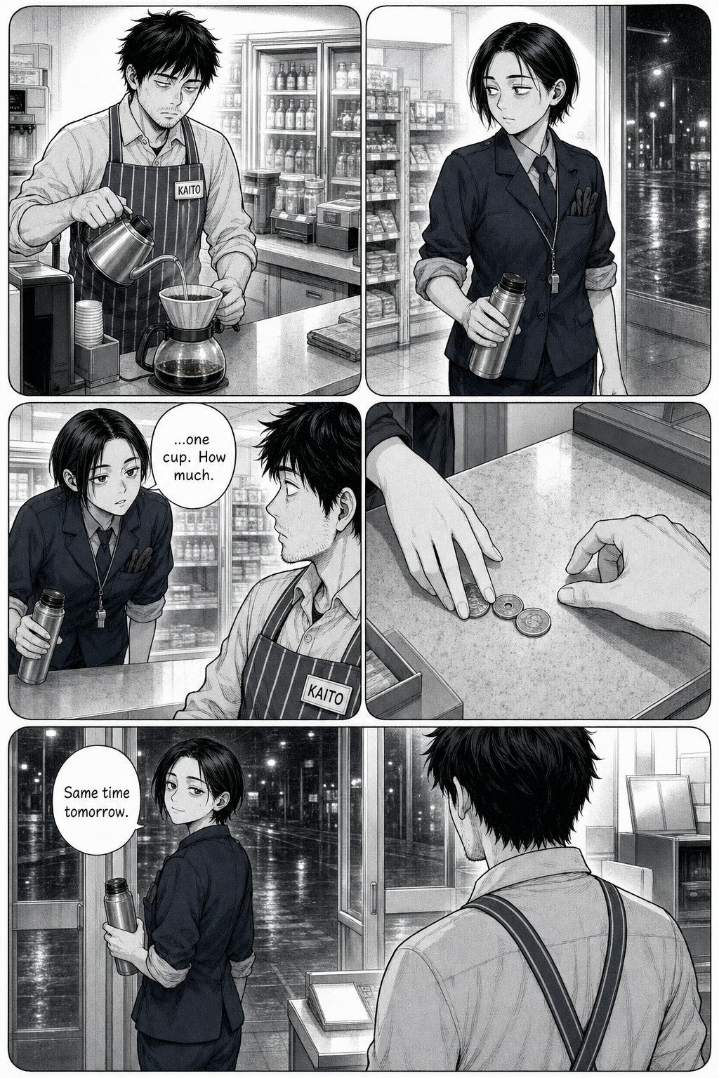 A flashback in soft panels: Kaito brews a pot of coffee only for himself; Yuki asks how much for one cup, sets down exact coins, and on her way out says 'Same time tomorrow.'