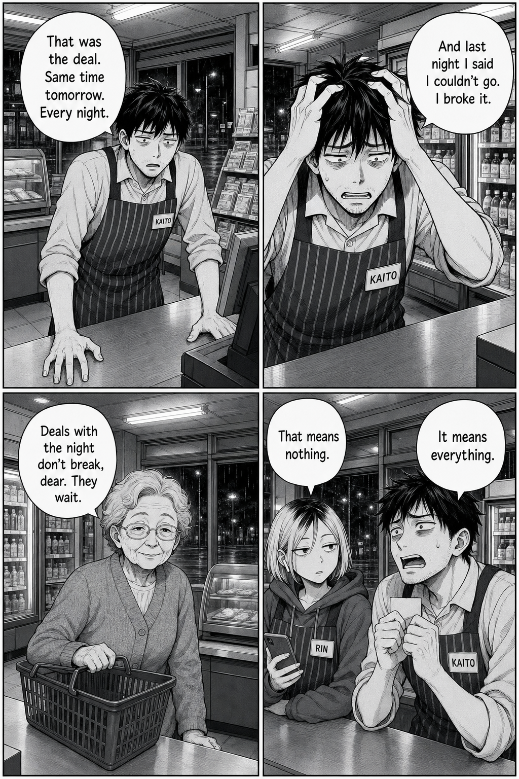 Four panels: Kaito realizes 'same time tomorrow' was the deal and last night he broke it; an elderly woman with a basket says deals with the night don't break, they wait; Rin and Kaito disagree on whether that means anything.
