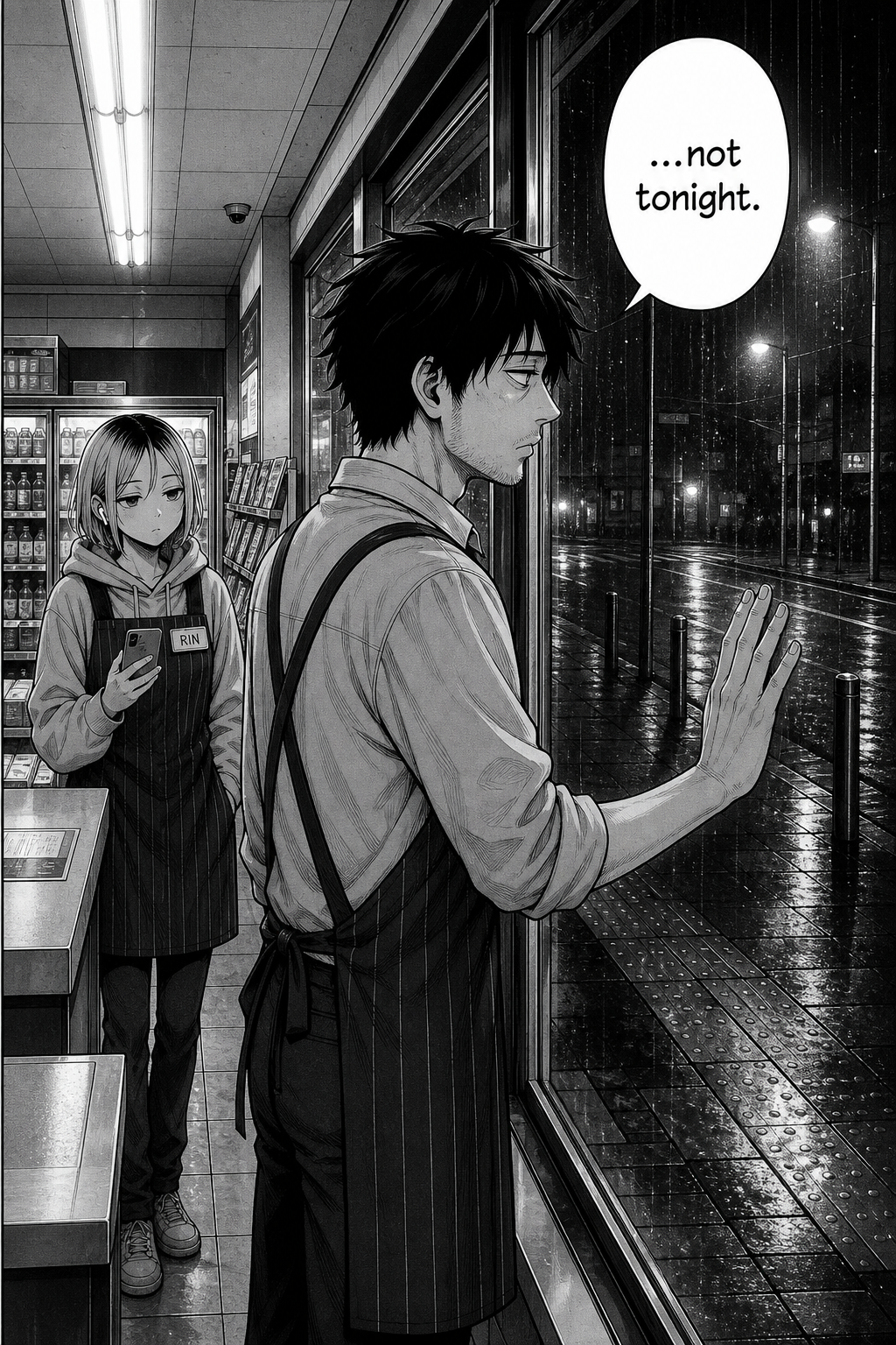 Kaito at the window a third time, hand on the glass, the kerb still empty; Rin watches his back from the counter.