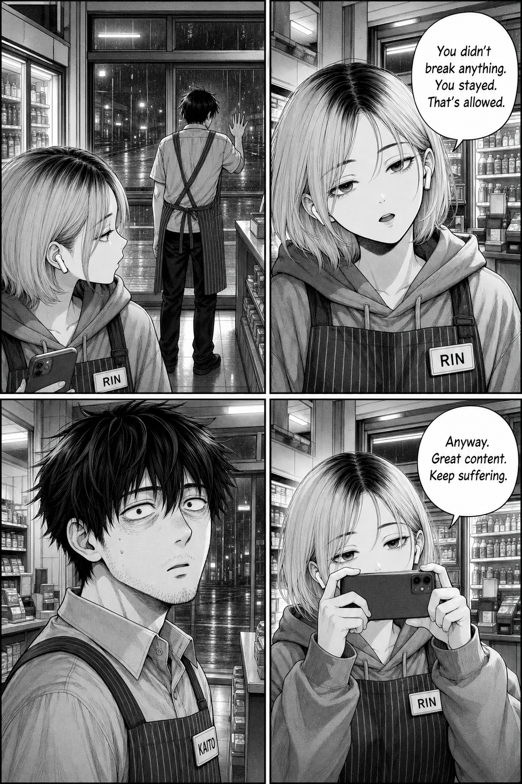 Four panels: Rin lowers her phone and tells Kaito he didn't break anything — he stayed, and that's allowed — then immediately raises the phone again and tells him to keep suffering for content.