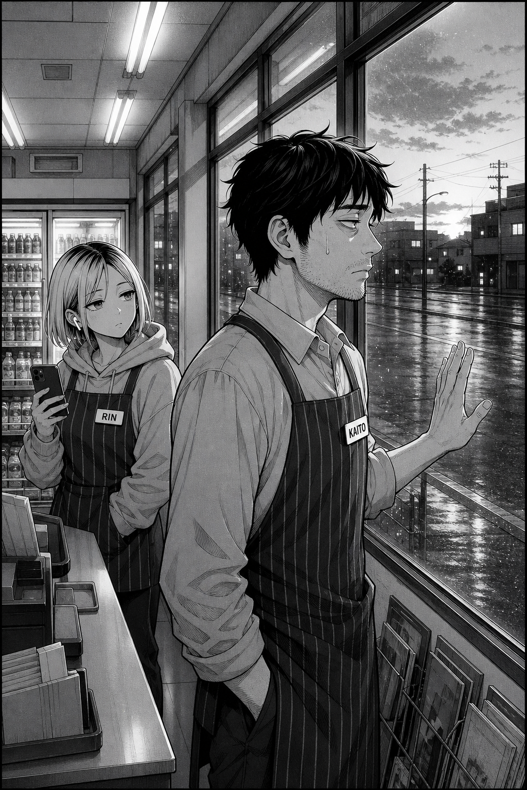 A silent panel: the windows greying with dawn, a single sweat drop at Kaito's temple as he stares out; Rin behind him secretly glancing at the window too.