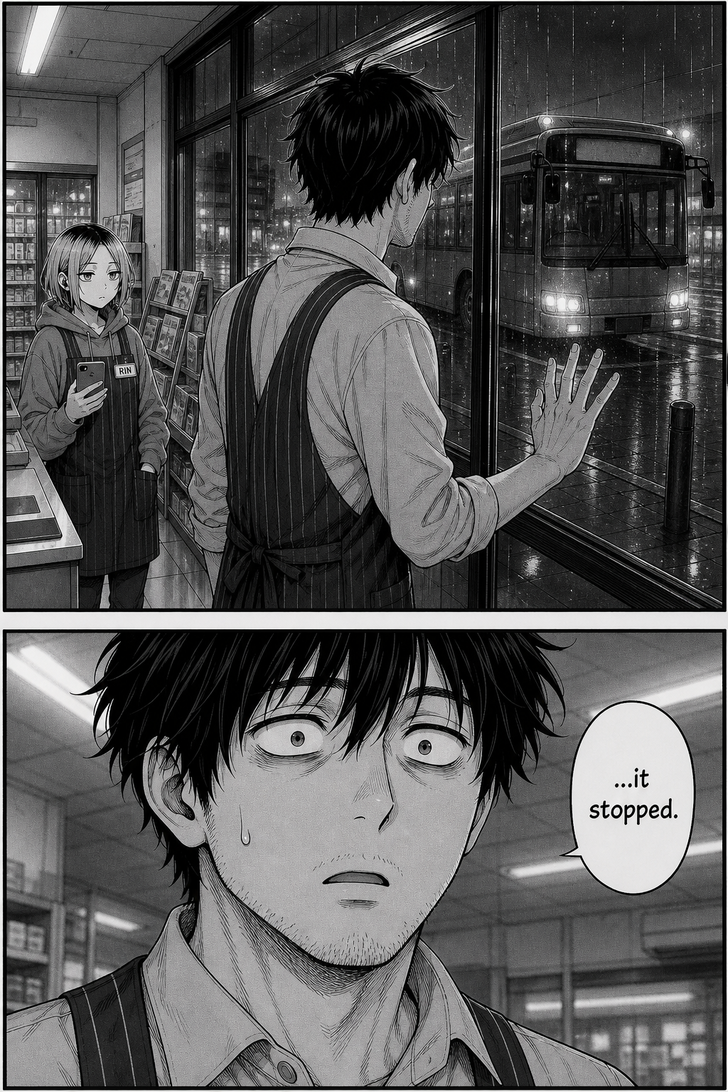 Two panels: the same window framing as before, but now a night bus is parked at the kerb with its headlights glowing; Kaito, stunned, whispers that it stopped.