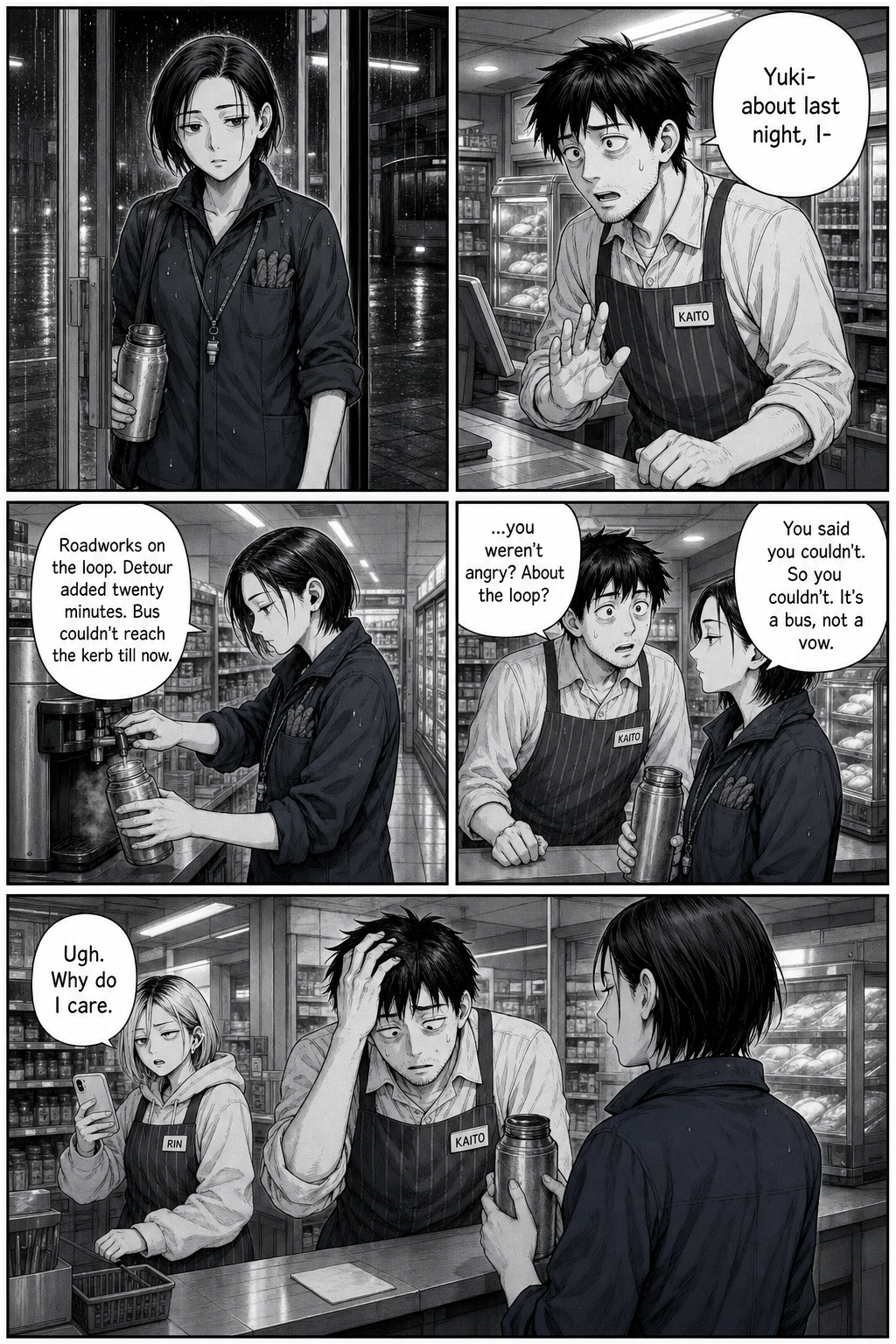 Five panels: Yuki enters and, refilling her thermos, explains roadworks and a detour delayed the bus; she never took his 'I couldn't' as more than that — it's a bus, not a vow; Rin, in the back, is relieved and annoyed at herself.