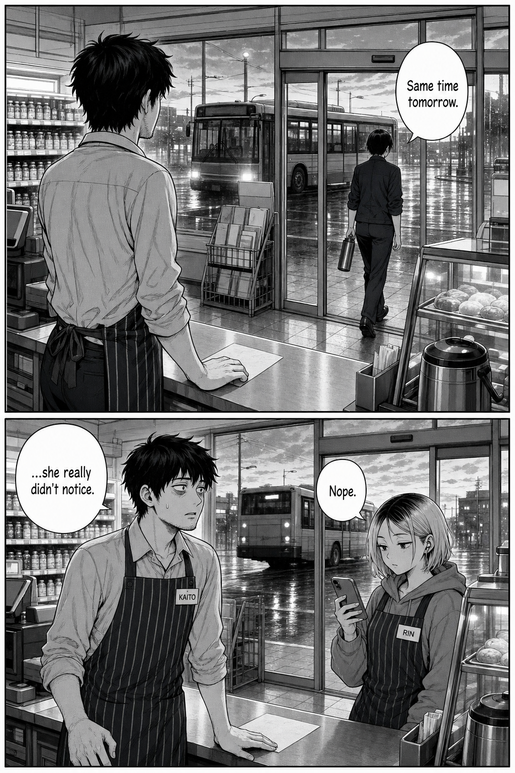 Two panels mirroring the opening in dawn light: the bus now at the kerb as Yuki leaves saying 'same time tomorrow'; Kaito, alone with Rin, notes she really didn't notice, and Rin agrees.
