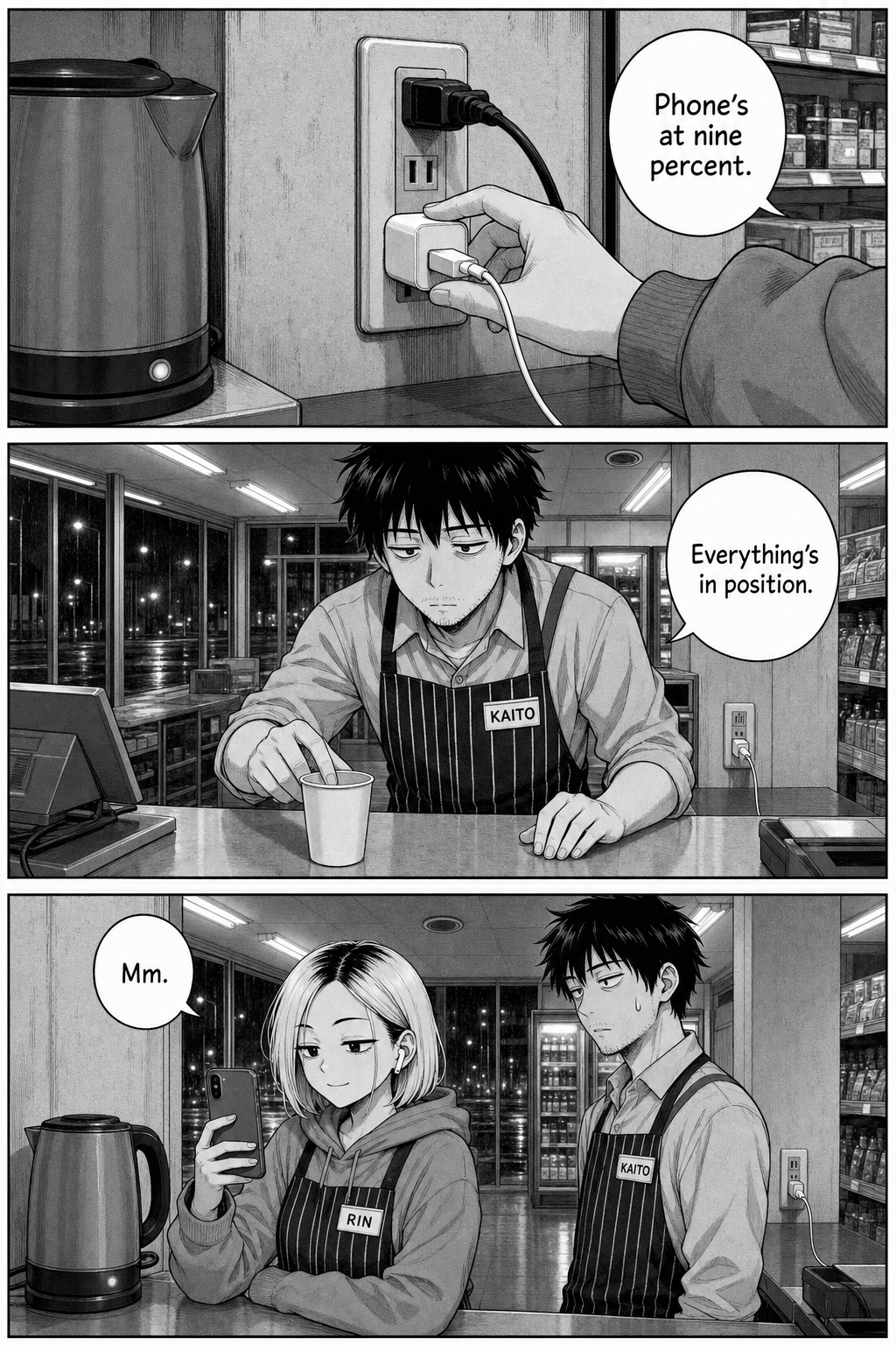 Three panels: Rin's hand unplugs the kettle to charge her phone; Kaito adjusts the cup, oblivious; the kettle light goes dark as Rin films.