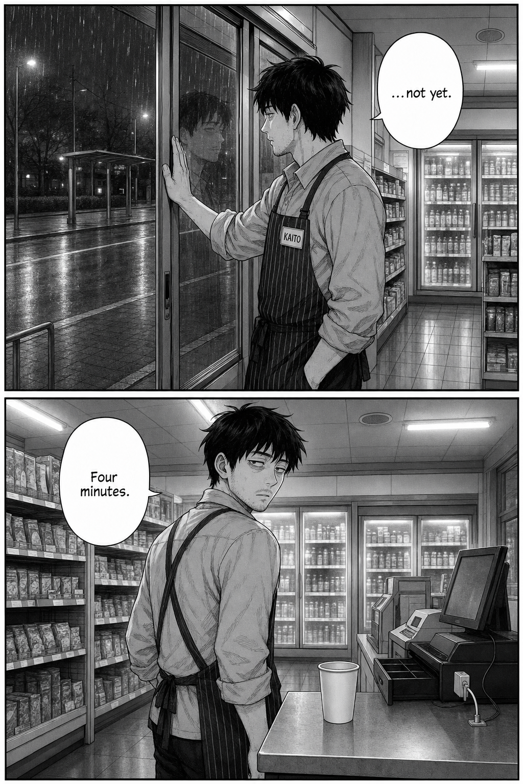 Two panels: Kaito presses a hand to the front glass door, looking out at the empty kerb — a recurring beat — then turns back to the counter.