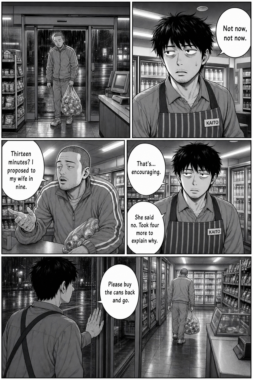 Five panels: the tracksuit regular with a bag of cans enters; he tells Kaito he proposed to his wife in nine minutes and she said no; Kaito checks the kerb.