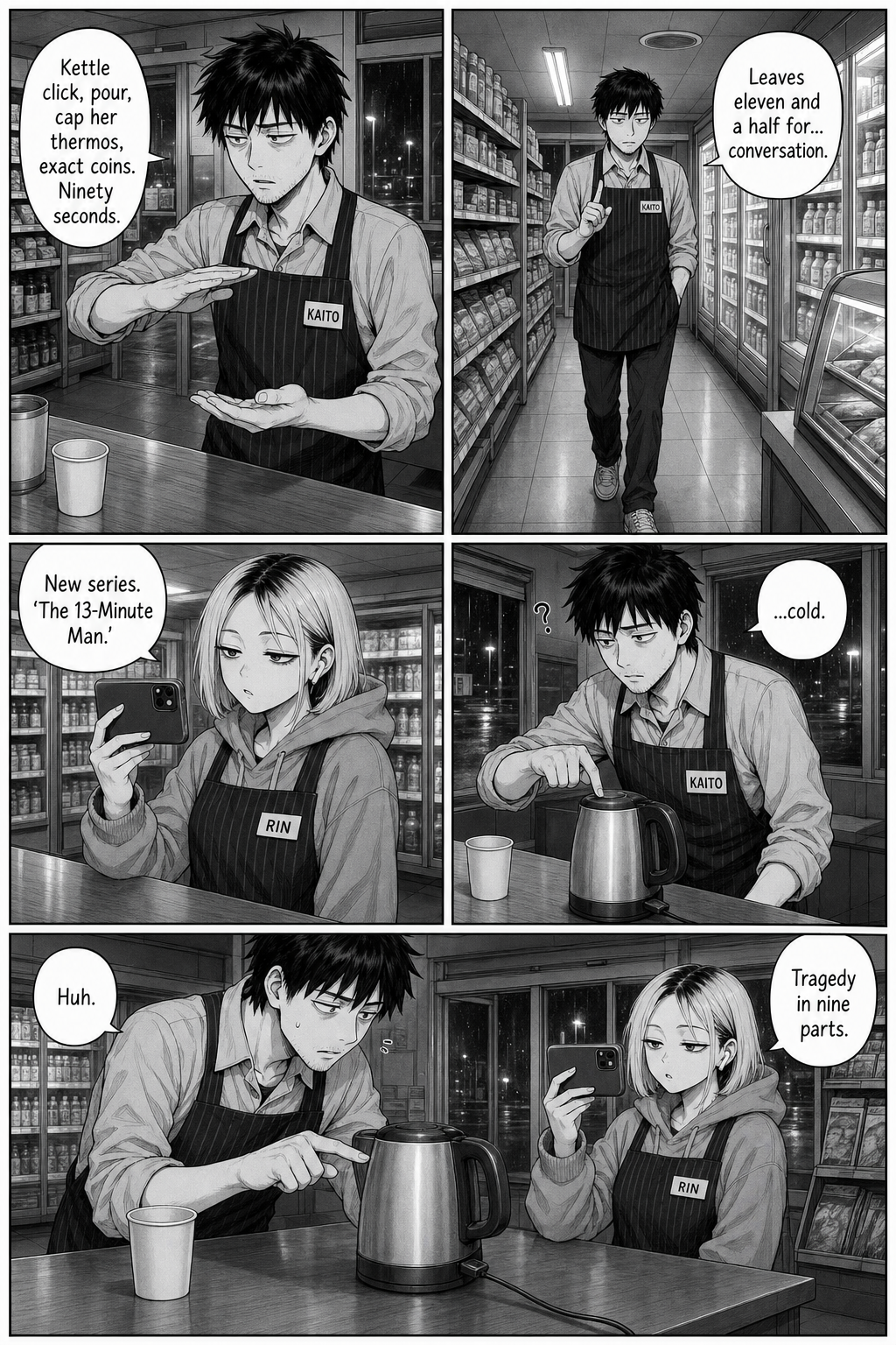Five panels: Kaito rehearses his thirteen-minute routine; Rin announces a video series 'The 13-Minute Man'; Kaito flips the dead kettle switch, puzzled.