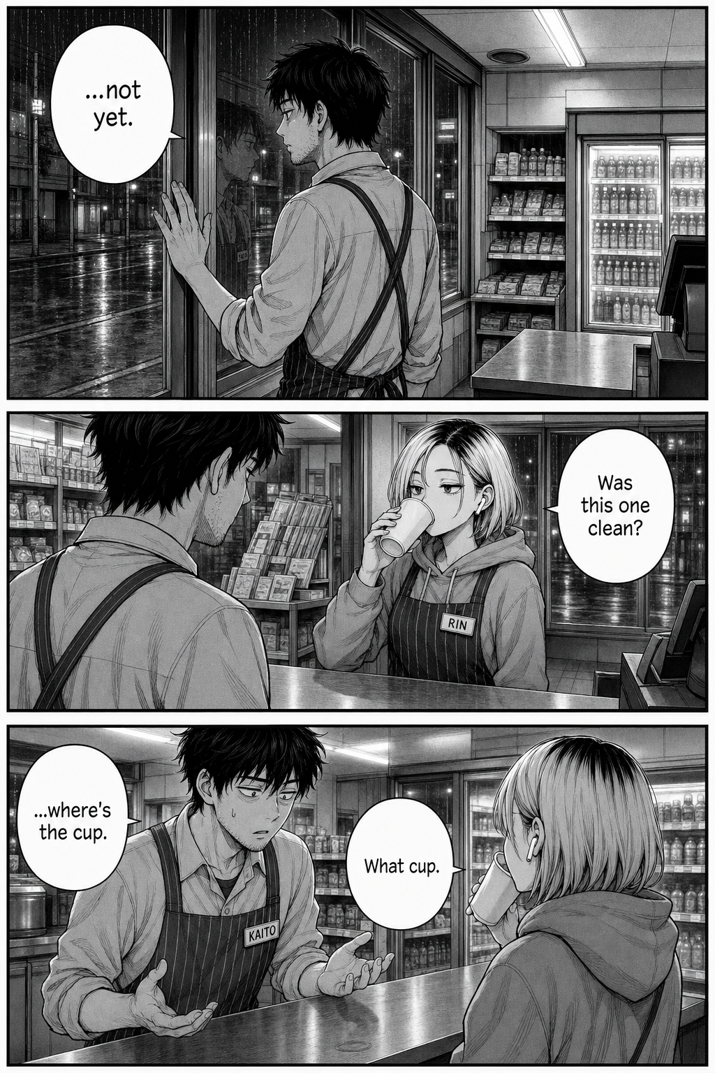 Three panels: the beat repeats — Kaito at the glass says 'not yet' while behind him Rin sips from the last clean cup; he turns to find the cup gone.