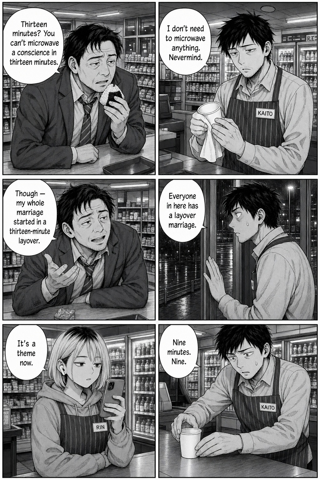 Six panels: a rumpled office worker with a rice ball gives contradictory verdicts on thirteen minutes; Kaito wipes a replacement cup and frets over the time.