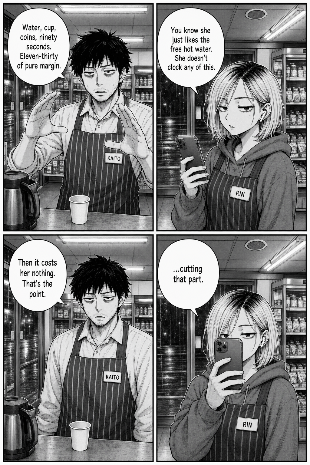 Four panels: Kaito diagrams his margin in the air; Rin nearly sincere says the driver just likes the free hot water; Kaito says then it costs her nothing.