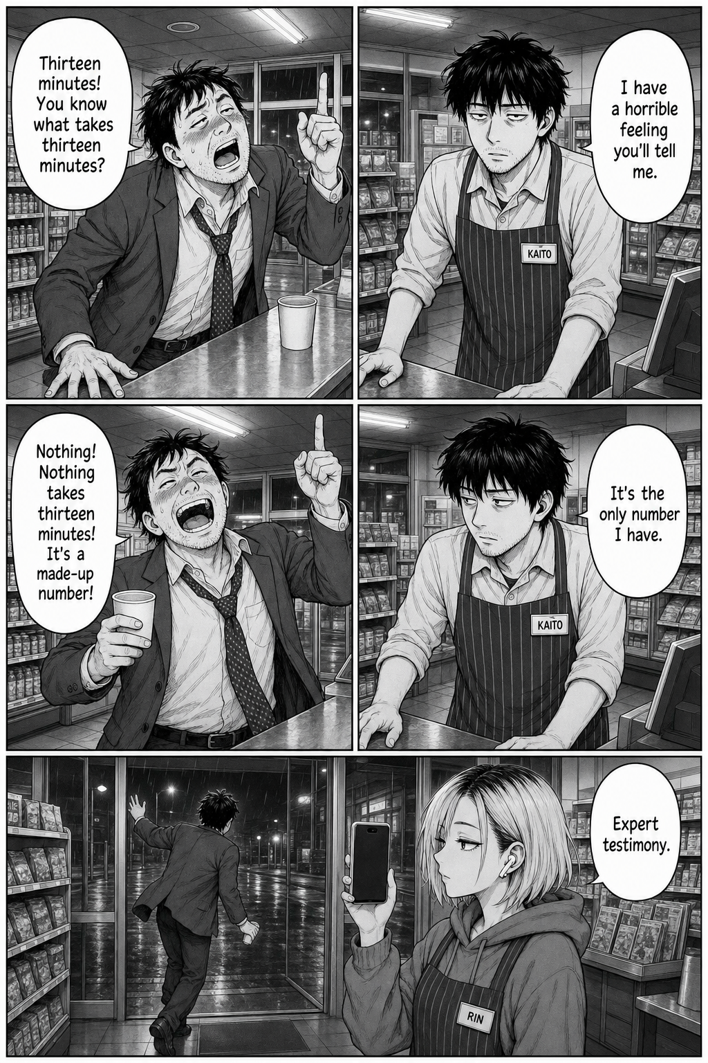Five panels: a drunk salaryman loudly insists nothing takes thirteen minutes, that it's a made-up number; Rin films him leaving and calls it expert testimony.