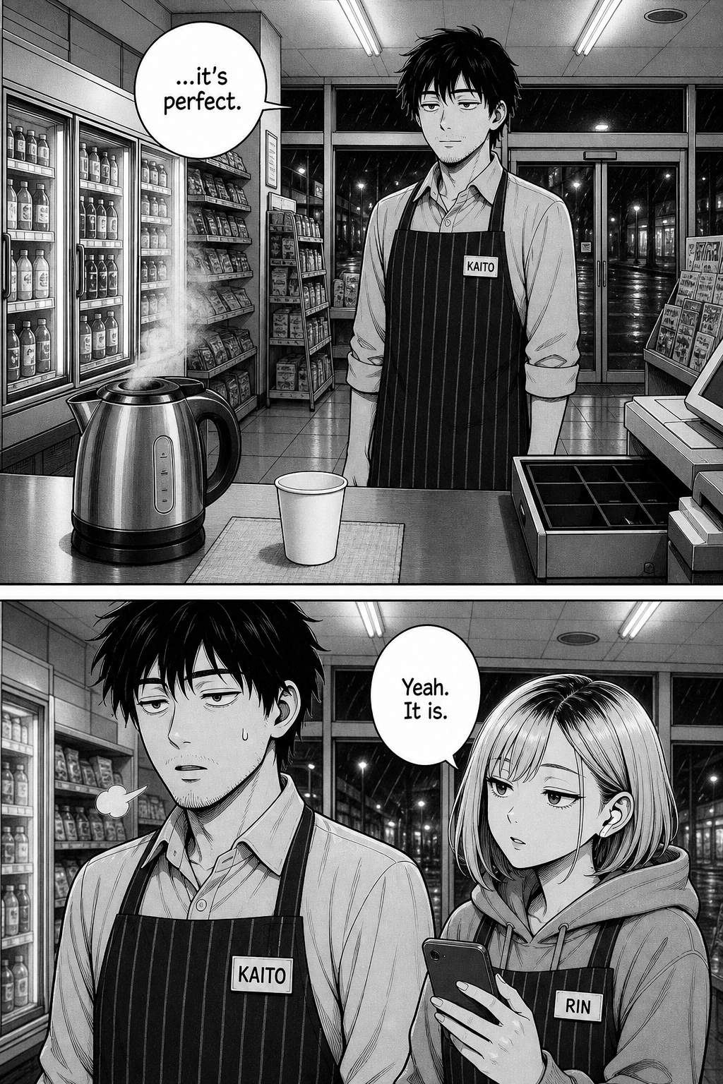 Two panels: the kettle steams, a fresh cup is staged, the register is open — Kaito calls the setup perfect; Rin, lowering her phone, watches him and agrees.