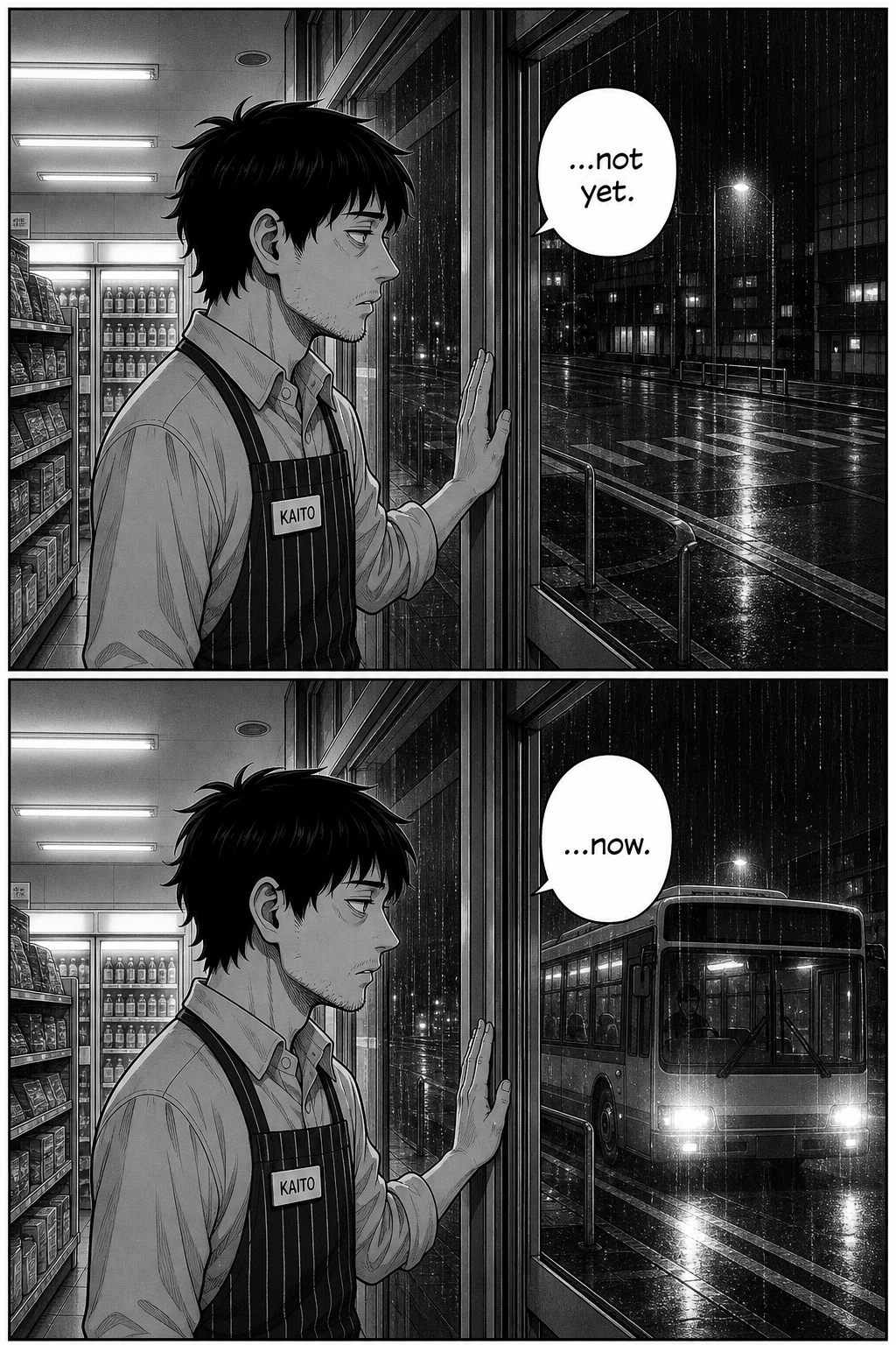 Two panels: the beat one last time — Kaito at the glass says 'not yet', then headlights sweep in as the bus pulls to the kerb and he says 'now'.