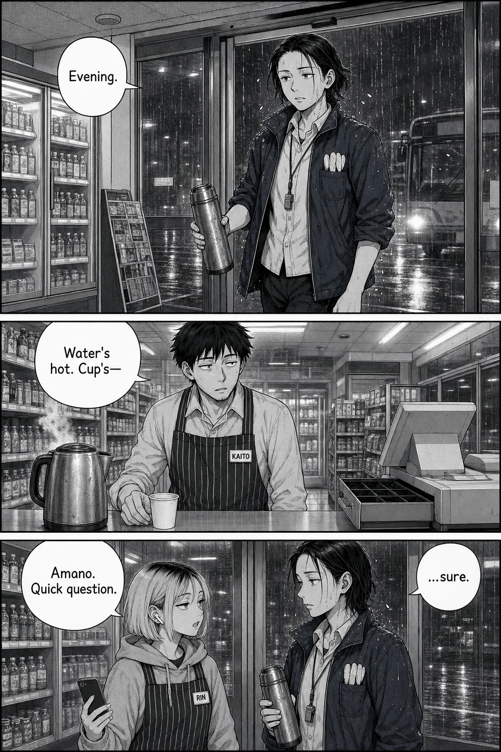 Three panels: night-bus driver Yuki enters with her steel thermos and greets Kaito; before he can offer the cup, Rin steps in at the door to ask a question.