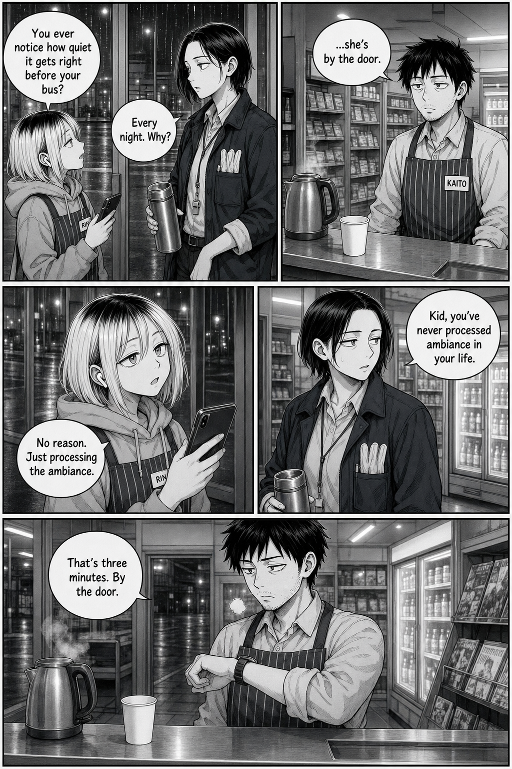 Five panels: Rin keeps Yuki talking by the door about the quiet before her bus; Kaito waits behind his idle setup, checking an imaginary stopwatch — three minutes gone.