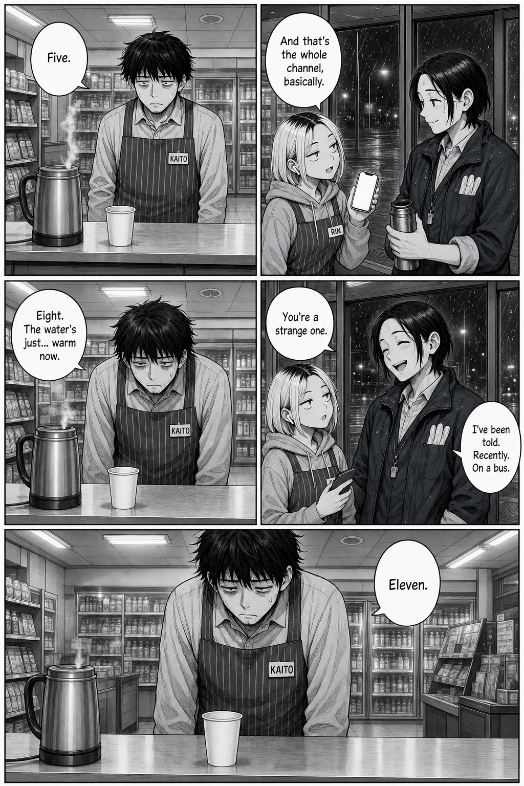 Five panels: the minutes drain as Rin keeps Yuki chatting; Kaito counts from behind his cooling setup; Yuki laughs that Rin is strange. Kaito reaches eleven.