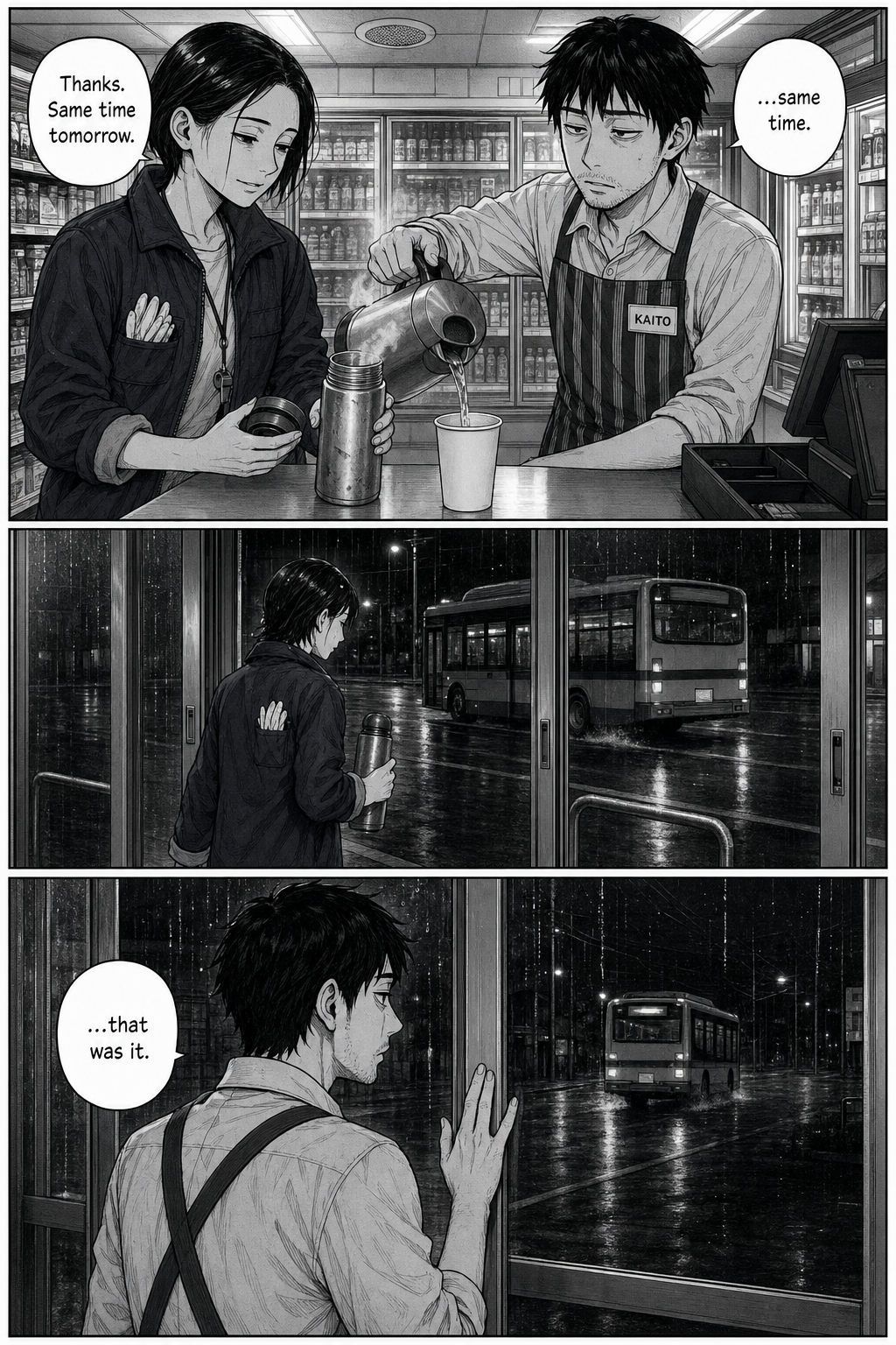 Three panels: at the counter Kaito pours the warm water into Yuki's thermos; she leaves with a 'same time tomorrow'; Kaito watches the bus pull away — 'that was it'.