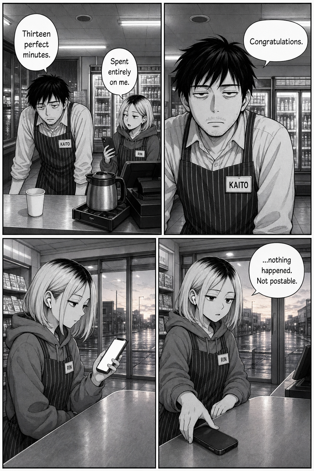 Four panels: Kaito notes his thirteen perfect minutes were spent entirely on Rin; at dawn Rin, alone, sets her phone down and deletes the clip — not postable.