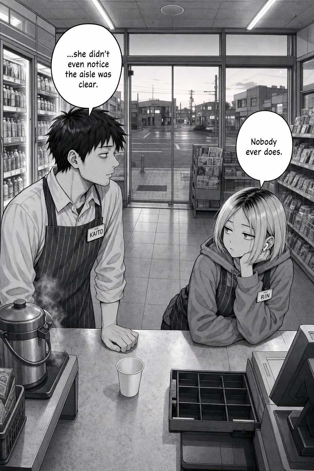 Wide dawn shot from behind the register mirroring page one: the store in grey morning light, the forgotten cup and open drawer on the counter, Kaito and Rin still.