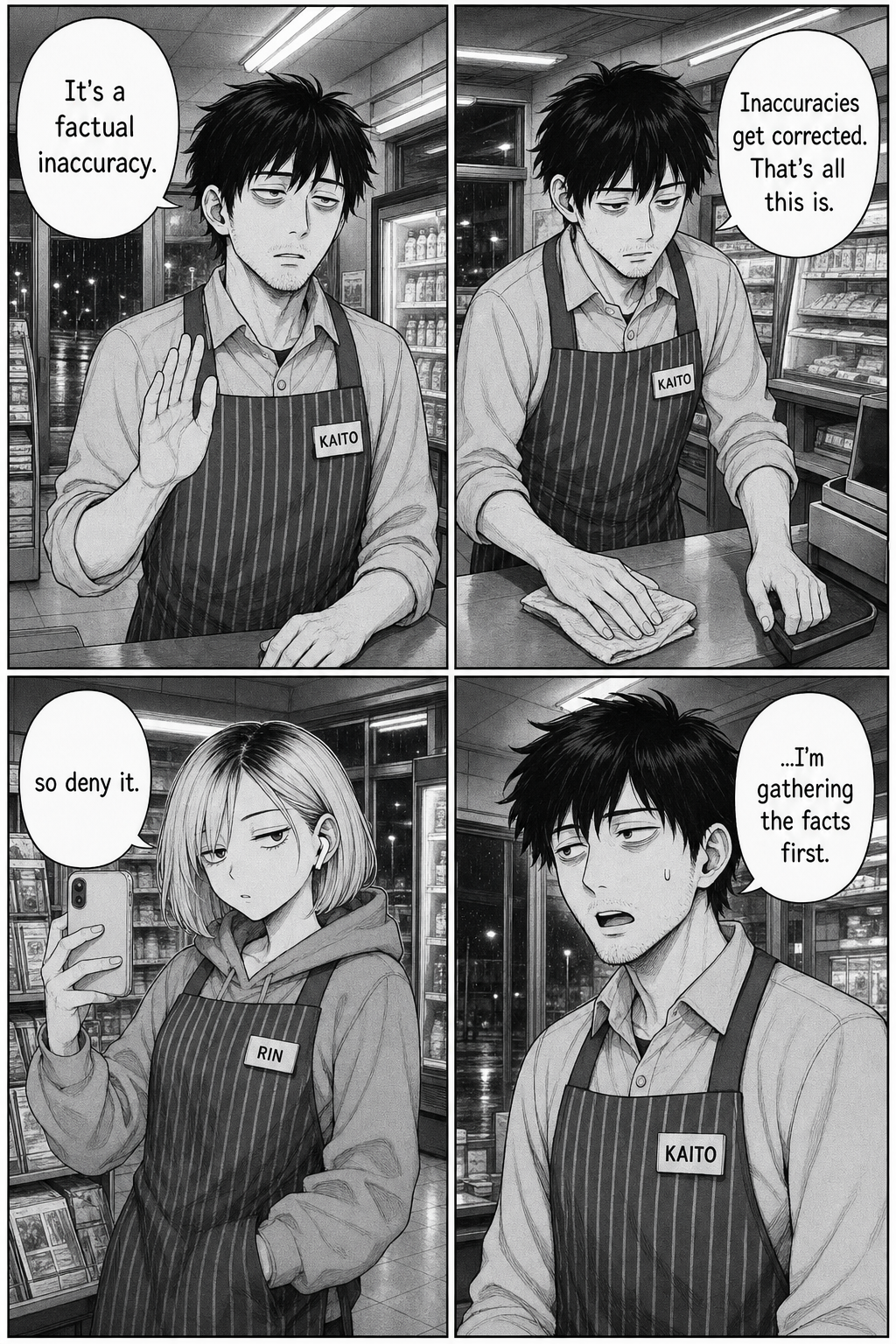 Four panels: Kaito calls the claim a factual inaccuracy he'll correct; Rin says 'so deny it'; Kaito says he's gathering facts first.