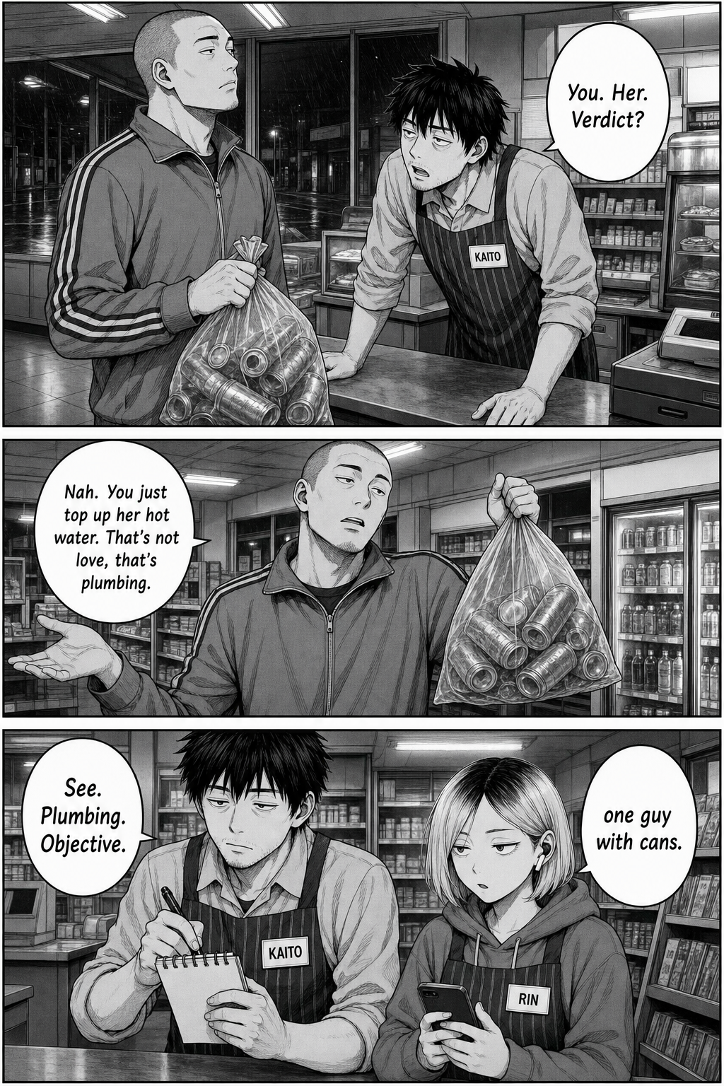 The tracksuit regular with a bag of cans gives his verdict: it's not love, it's plumbing. Kaito takes notes; Rin looks on.