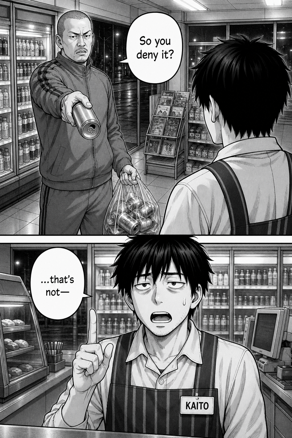 The tracksuit regular points a can and asks if Kaito denies it; Kaito raises a finger and again manages only 'that's not—'.