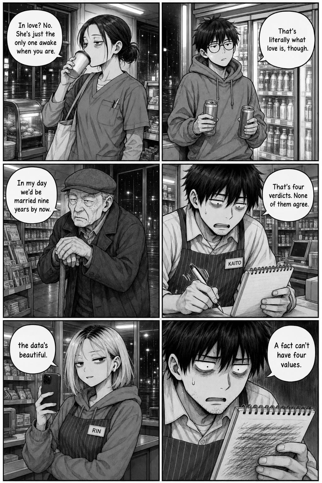 Six panels: a nurse, a student, and an old man each give contradictory verdicts on the couple; Kaito despairs over four disagreeing answers while Rin films.