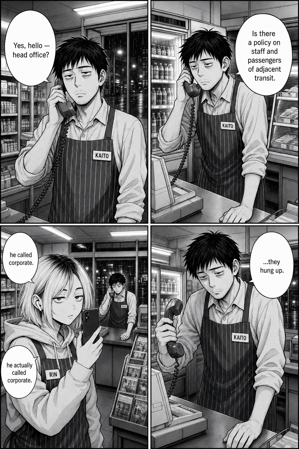 Four panels: Kaito phones head office to ask about a transit policy; Rin narrates that he called corporate; they hang up on him.
