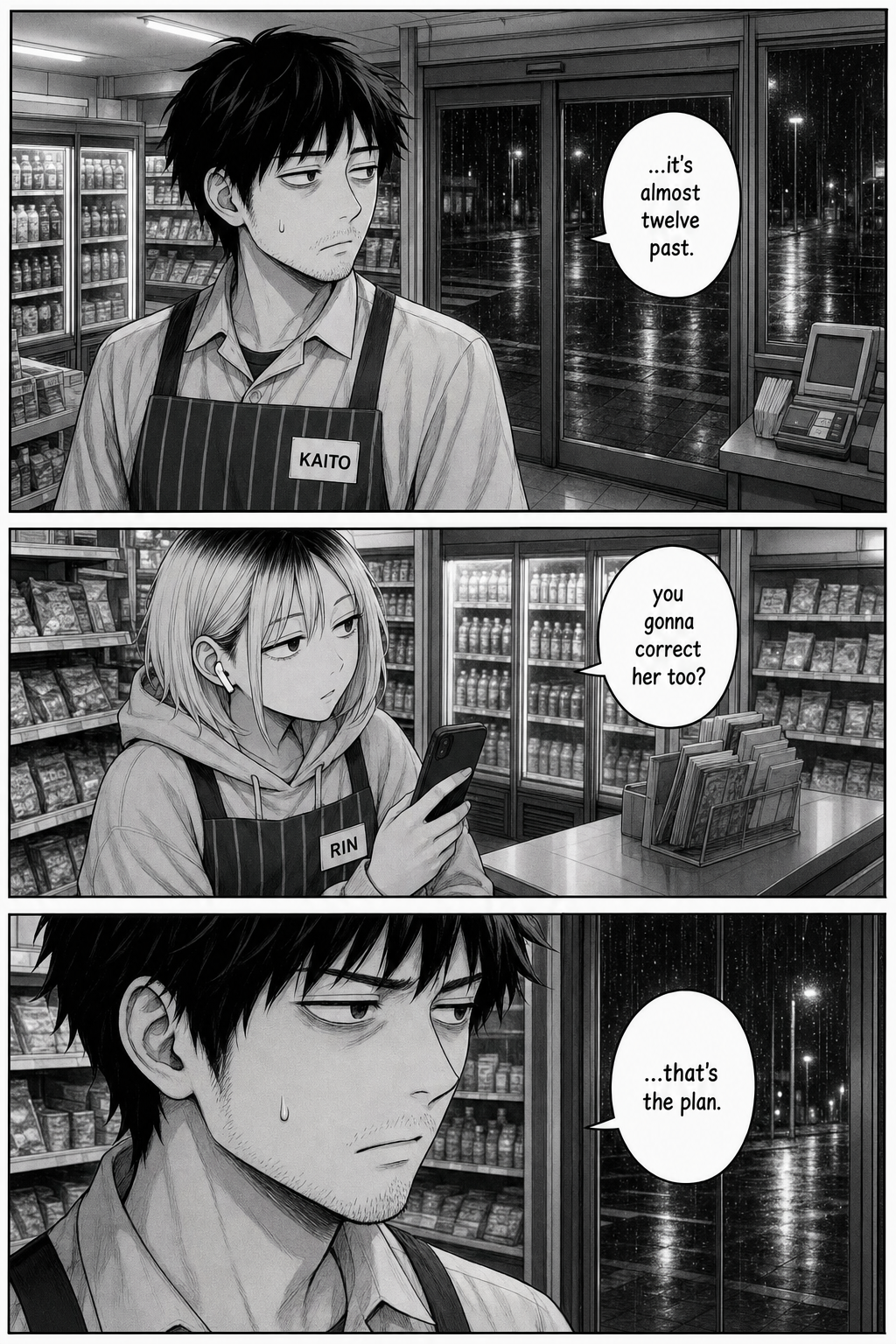 Three panels: Kaito watches the doors near 3:12; Rin asks if he'll correct her too; Kaito says that's the plan.