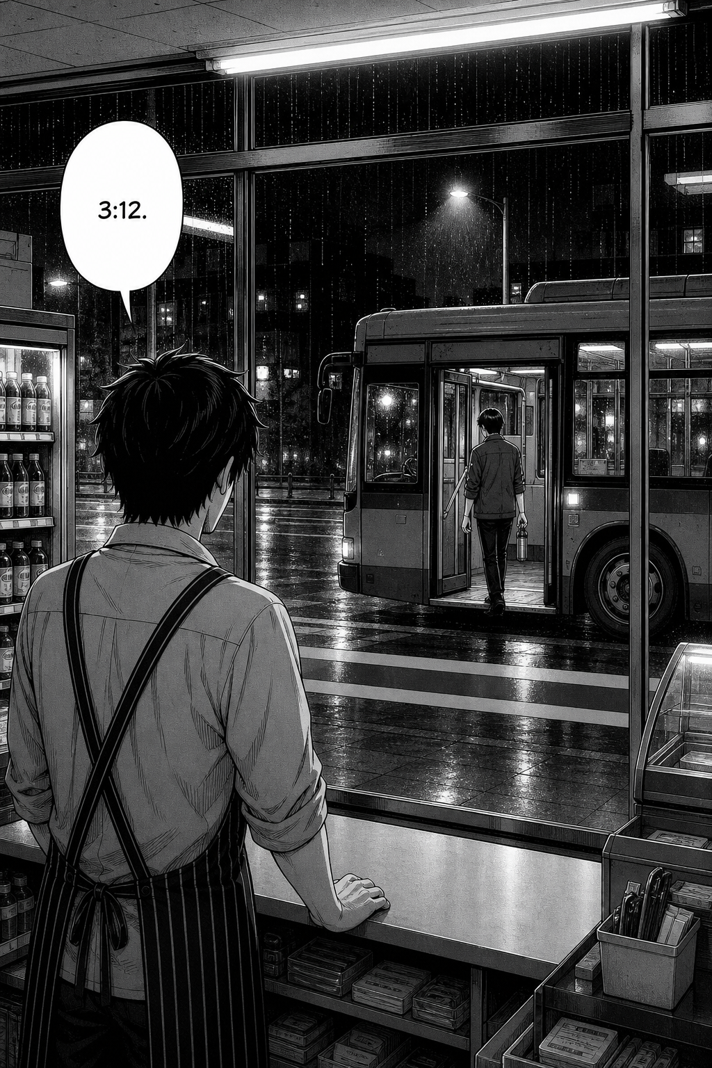 Wide shot through the store windows: an empty night-bus at the kerb in the rain, a driver stepping down; Kaito watches from the counter.