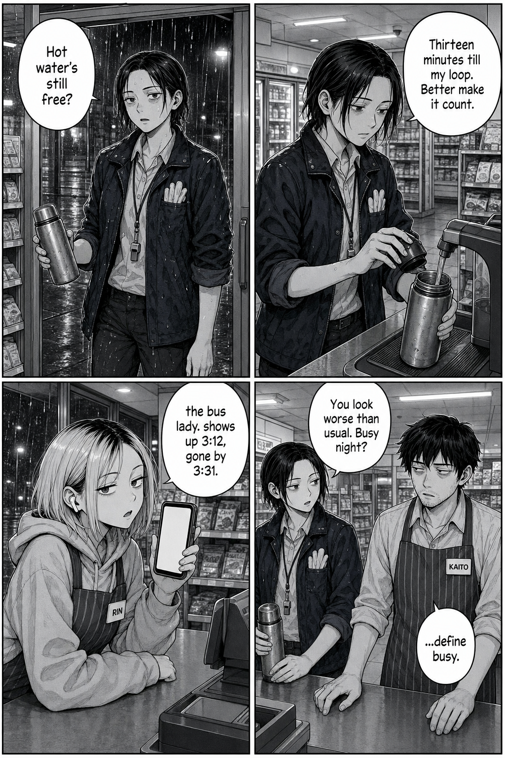 Four panels: Yuki the bus driver enters with her thermos, mentions her thirteen-minute layover; Rin explains who she is; Yuki teases Kaito.