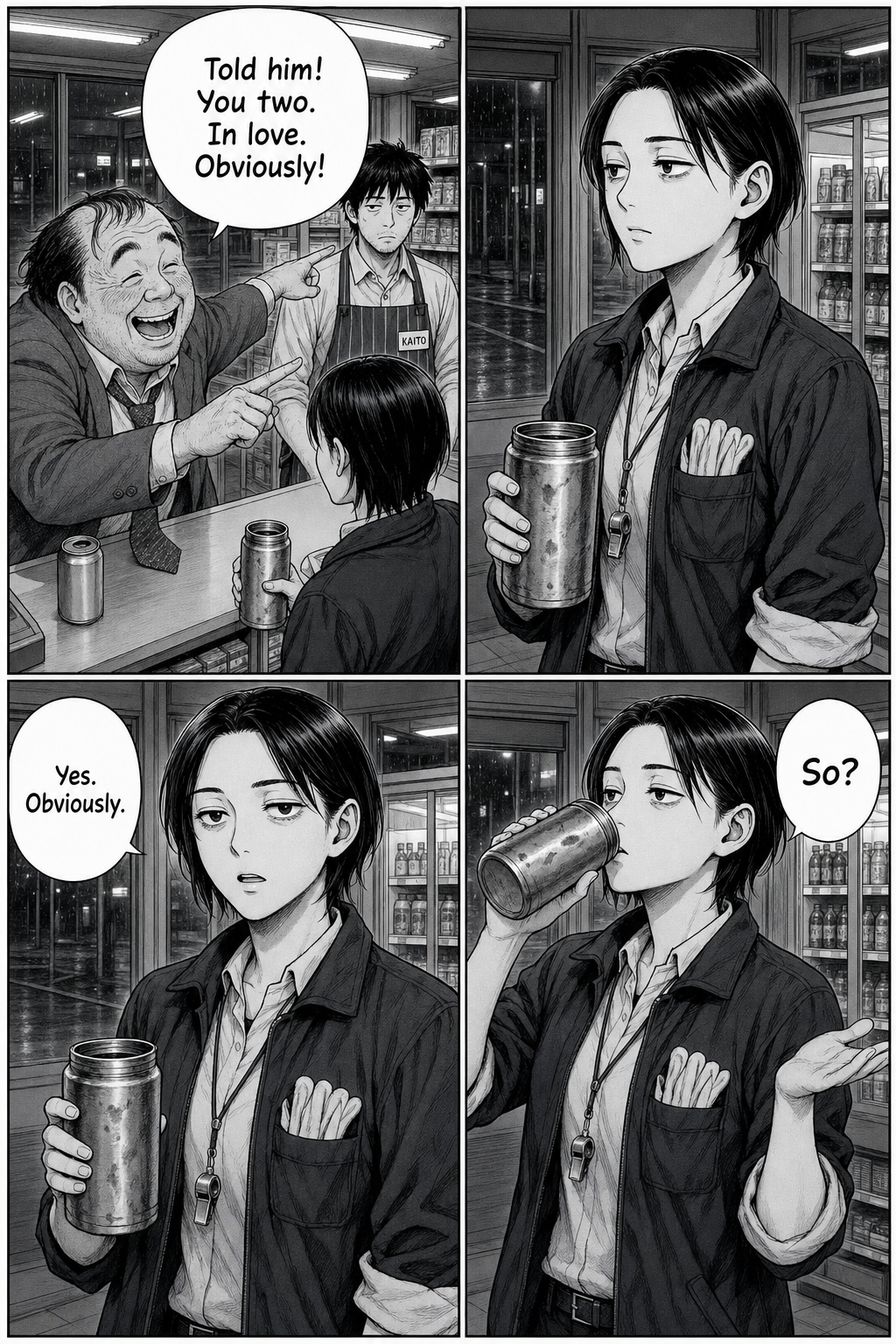 Four panels: the drunk tells Yuki they're in love; Yuki, unbothered, sips from her thermos and answers 'Yes. Obviously. So?'