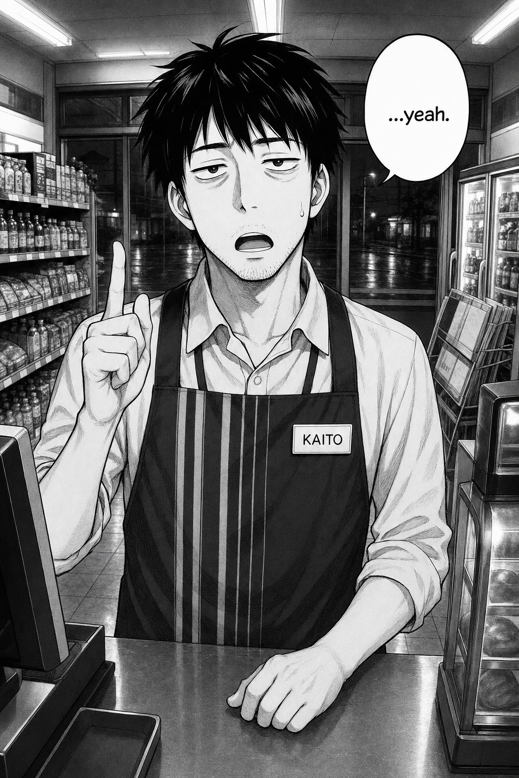 A large panel of Kaito behind the counter, finger raised in the exact denial pose, but this time saying, quietly and honestly, 'yeah.'